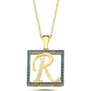 Kayra Mücevher R Harfli  Mavi Taşlı 14 Ayar Altın Kaplama Kolye