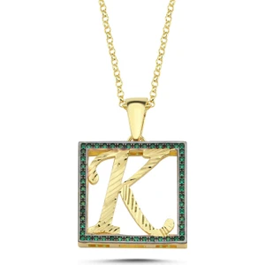 Kayra Mücevher K Harfli  Yeşil Taşlı 14 Ayar Altın Kaplama Kolye