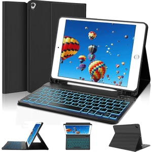 Apple iPad 6. Nesil 9.7 Inc (2018) Rgb LED Işıklı Türkçe Karakterli Bluetooth Özellikli Kalemlikli Klavyeli Kılıf A1893 A1954