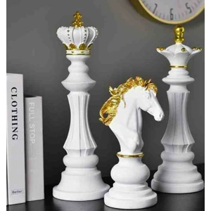 Stone Powder Decorative 3'lü Set Dekoratif Satranç Biblo Takımı, Satranç Heykel Set, Chess Set, Şah Vezir At Dekoratif Biblo