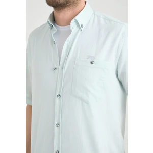 Erkek Su Yeşili Keten Efektli Pamuklu Cepli Yazlık Kısa Kollu Gömlek