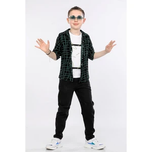 Erkek Çocuk 3'lü Takım  Desenli Gömlek, Tişört ve Kot Pantolon MRN2434