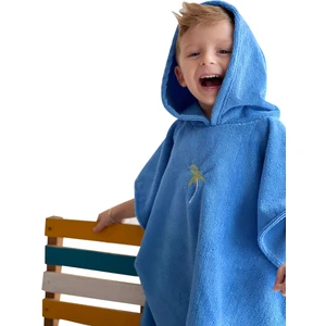 Çocuk Saks Mavi Palmiye Nakışlı Hızlı Su Emen Kapüşonlu Banyo Havuz Plaj Panço Havlu