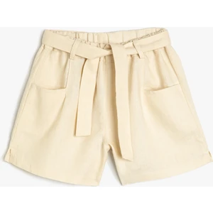 Keten Şort Kemer Detaylı Cepli Beli Lastikli