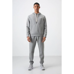 Air Jones Gri Melanj Pamuklu Kalın Yumuşak Dokulu Comfort Fit Nakışlı Erkek Eşofman Takım - 85255