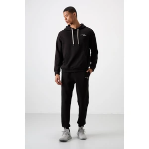 Air Jones Ekru - Siyah Pamuklu Kalın Yumuşak Dokulu Comfort Fit Nakışlı Erkek Eşofman Takım - 85255