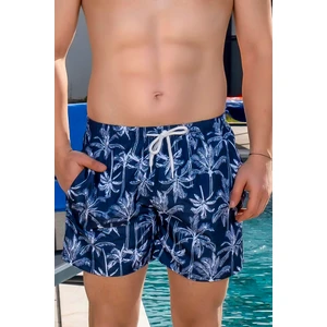 Erkek Basic Mavi Palmiye Desen Baskılı Cepli Deniz Şortu