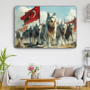 Şanlı Zafer Kanvas Duvar Tablosu - Ev Salon Koridor Oturma Odası Ofis Dekorasyonu -Türkiye -Bayrak -Kurt
