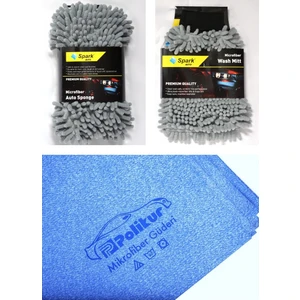 7040 Oto Yıkama Süngeri & Spark 7050 Temizlik Eldiveni & Polikur 3356 Güderi Bez (3'lü Set)