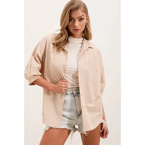 20213 Oversize Kısa Kol Basic Gömlek - Krem