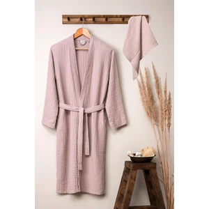 Unisex Kimono Müslin Bornoz + Havlu Seti Pudra
