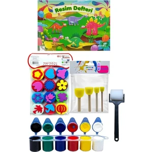 Parmak Boyası Resim Defteri 12'li Eva Baskı Ponpon Fırça Sünger Rulo Fırça 25 x 35 cm