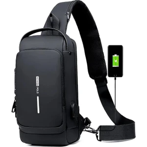 Newish Polo Erkek Siyah Usb Çıkışlı Çapraz Askılı Omuz ve Bel Çantası new222