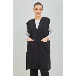 Kadın Siyah  Uzun Cepli Düğmeli  Büyük Beden Penye Yelek