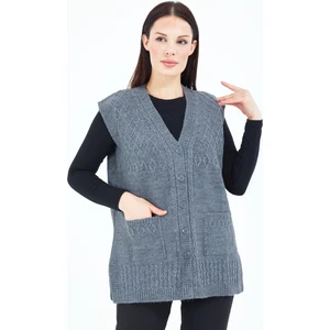 Kadın Gri Düğmeli Cepli Yün Anne Yelek