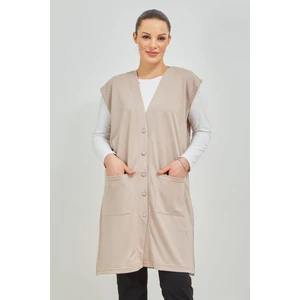 Kadın Krem Uzun Cepli Düğmeli  Büyük Beden Penye Yelek