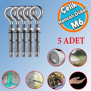 Kancalı Çelik Dübel M6 (5 Adet) Salıncak Boks Torbası Lamba Avize Için Gömlekli Kapalı Ağız Kanca