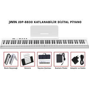 JDP-8830 Katlanabilir Bluetooth + Şarjlı Piyano - Beyaz