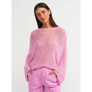 10551 Kayık Yaka Yumuşak Dokulu Ajurlu Kimono Kol Triko Kazak-Pembe