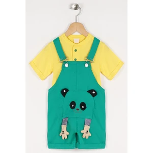 Bisiklet Yaka Kısa Kol Panda Fıgurlu Icı Tshirtlu Koyu Yeşil Renk Erkek Çocuk Sortlu Salopet