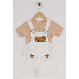 Askılı Kısa Kol Ayı Aplıke Nakıslı Beyaz Renk Erkek Çocuk Sortlu Salopet