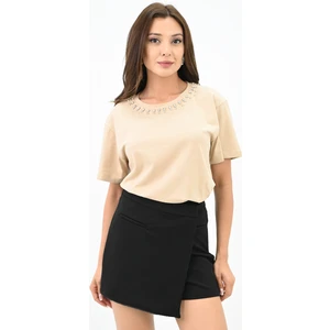 Kadın Bisiklet Yaka Taş Detaylı T-Shirt 1749-4-24