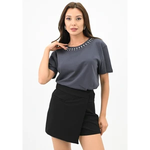 Kadın Bisiklet Yaka Taş Detaylı T-Shirt 1749-4-24