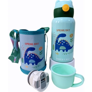 Sweet Ruı 500ML Çift Kapaklı ve Pipetli Karikatür Paslanmaz Çelik Termos Bardak (Yurt Dışından)