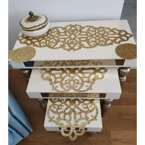Sehara Home Yatak Odası Komidin, Sehpa Örtü Seti/3parça/1 Adet 70CM Lik Runner,2 Adet Sehpa Örtüsü/s.deri/ışıltılı/simli