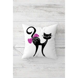 Siyah Fiyonklu Kedili Çift Tarafı Baskılı Gizli Fermuarlı Yastık Kılıfı Kırlent Koltuk Yastık Kılıfı