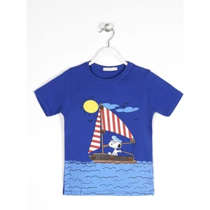 Bisiklet Yaka Kısa Kol Gemi Basılı Düğme Aksesuarlı Saks Renk Erkek Çocuk Tshirt