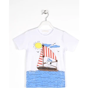 Bisiklet Yaka Kısa Kol Gemi Basılı Düğme Aksesuarlı Beyaz Renk Erkek Çocuk Tshirt