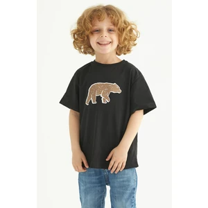 Bisiklet Yaka Kısa Kol Ayı Baskılı Siyah Renk Erkek Çocuk Tshirt