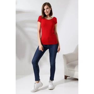 U Yaka Kısa Kol Penye Kompakt Likralı Basic T-Shirt 20511 Kırmızı