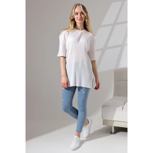 Oversize Yırtmaçlı Raporlu Tunik T-Shirt 21493 Beyaz