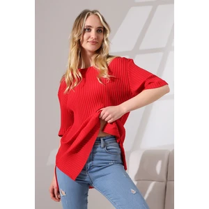 Oversize Yırtmaçlı Raporlu Tunik T-Shirt 21493 Kırmızı
