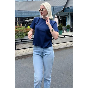 Lacivert Bisiklet Yaka Basic Kadın T-Shirt Mg2075