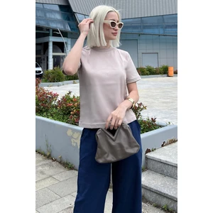 Bej Bisiklet Yaka Basic Kadın T-Shirt Mg2075