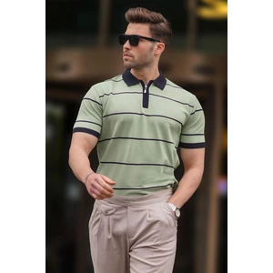 Çağla Yeşili Çizgili Polo Yaka Fermuarlı Tişört 6898