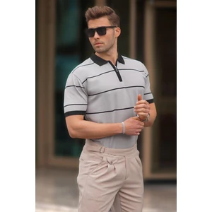 Gri Çizgili Polo Yaka Fermuarlı Tişört 6898