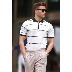 Beyaz Çizgili Polo Yaka Fermuarlı Tişört 6898