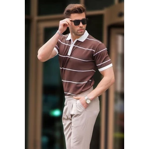 Kahverengi Çizgili Polo Yaka Fermuarlı Tişört 6898