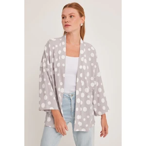 Kadın Gri Beyaz Puantiyeli Örme Kimono 5862