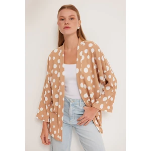 Kadın Bej Beyaz Puantiyeli Örme Kimono 5862