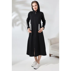 Kapuşonlu Cepli Kolları Şeritli Boydan Fermuarlı Uzun Tunik 21576 Siyah