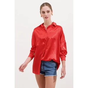 3985 Oversize Saten Gömlek - Kırmızı