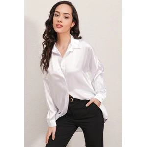 3985 Oversize Saten Gömlek - Beyaz