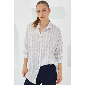 Kadın Bej Beyaz Desenli Oversize Saten Gömlek 3985