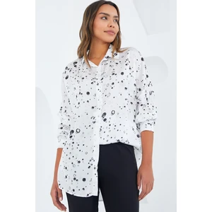 Kadın Siyah Beyaz Desenli Oversize Saten Gömlek 3985