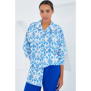Kadın Mavi Beyaz Desenli Oversize Saten Gömlek 3985